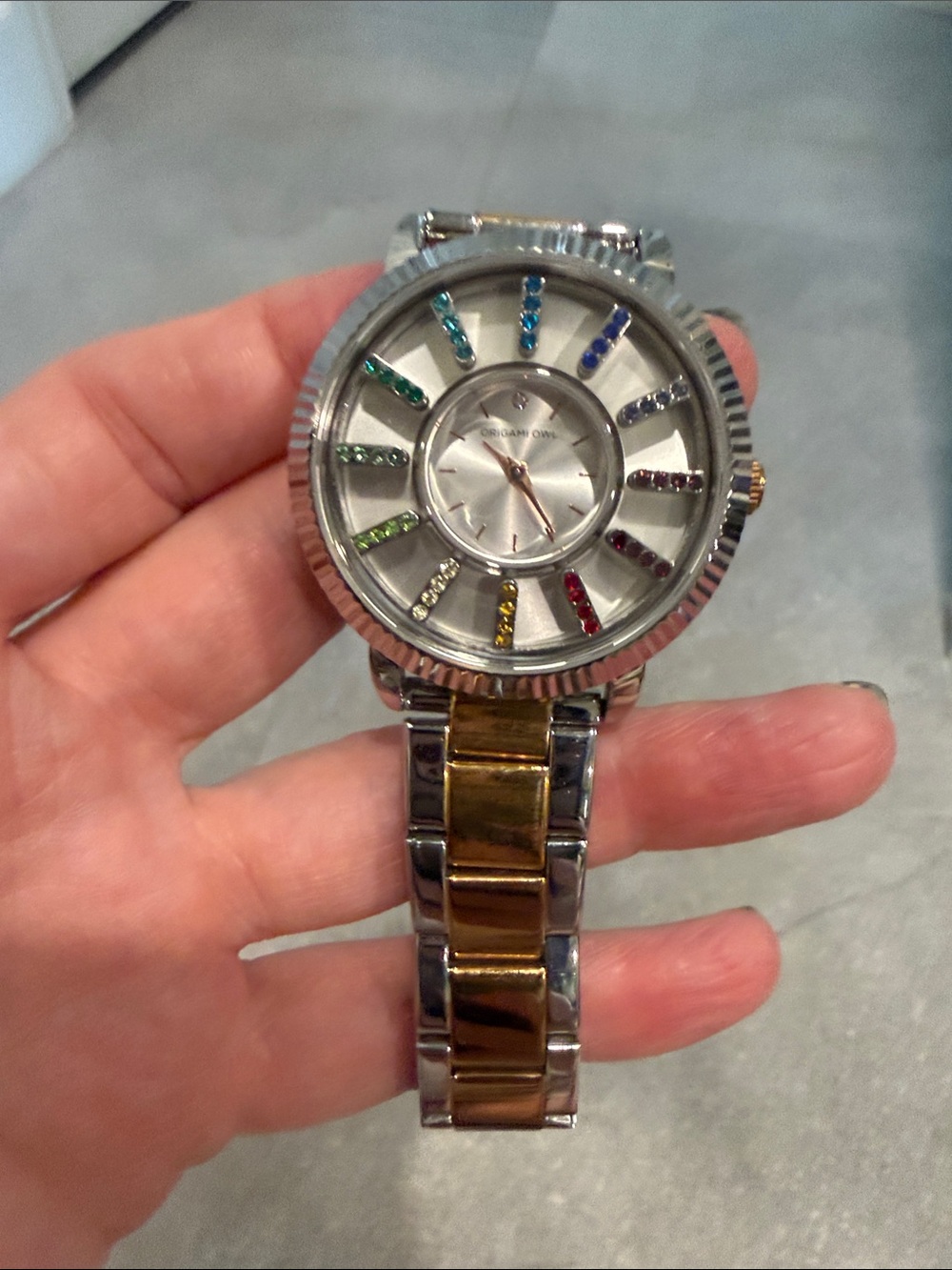 Origami Owl Two-Tone Silver and Gold Watch with Multicolor Crystal Markers
